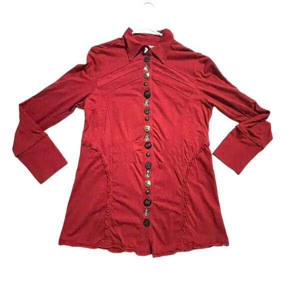 Patchington Women S Blouse Jacket Red Cotton Stretch Intricate Arsty Button EUC - Picture 1 of 7